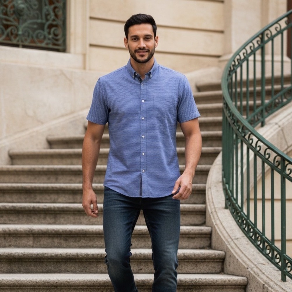 Thomas Dean Mens Blue White Stripe Short‎ Sleeve Button Down Shirt Size XXL